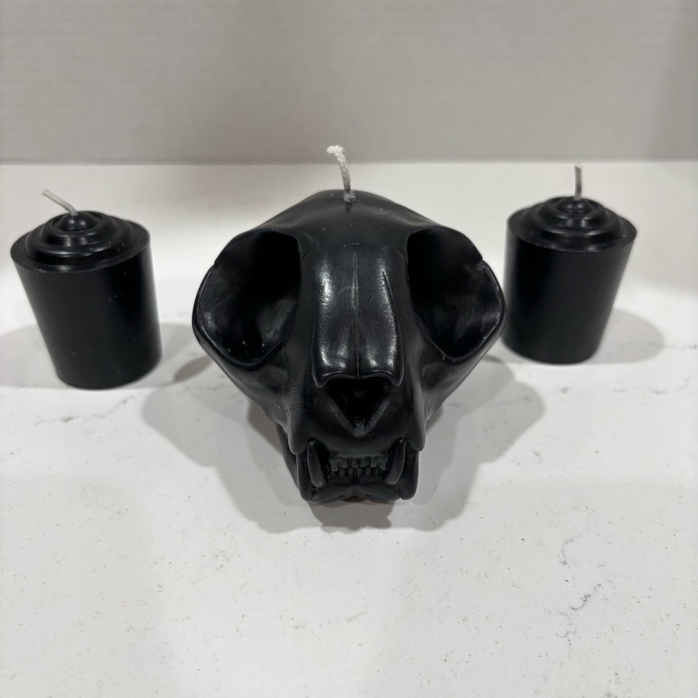 Cat Skull 3pc Black Candle Set by GAVIA - In Box Unused - Goth Decor